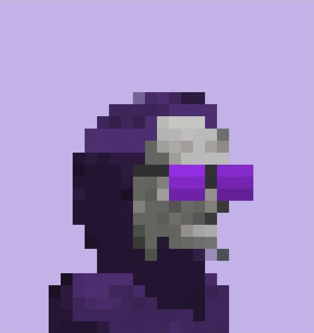 A pixel art profile image of a gray-skinned figure with dark hair wearing bright purple, blocky sunglasses against a light purple background.