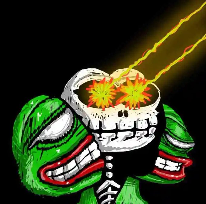 A grotesque green Pepe-style cartoon figure screams with bared teeth while its brain explodes in fiery red-and-yellow bursts, with a wristwatch showing "6:16." Two yellow beams shoot upward from the blast—visually echoing the post's ominous "supply shock coming" warning, as the character's mind literally blows up in a surreal, doom-laden meme capturing the apocalyptic sentiment directed at @FinePepes.