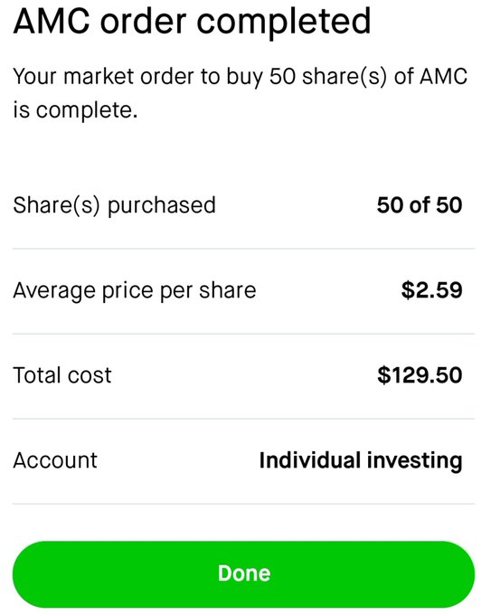 A confirmation screen showing an AMC stock order completed for 50 shares at an average price of $2.59, totaling $129.50.