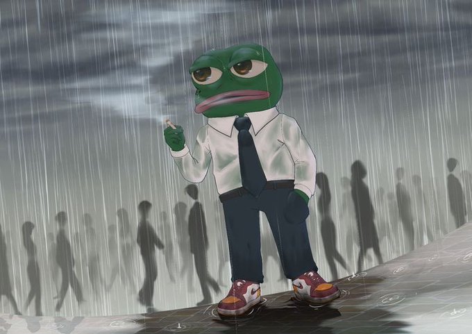 A sad Pepe the Frog dressed in a white shirt and tie stands smoking in the rain while shadowy figures walk past, evoking a lonely, melancholic mood that mirrors the post's lament about a crypto trading account announcing "OKX is back" only to lack USDT for P2P trades.