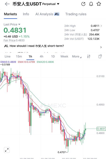 A MEXC mobile app screenshot displays the 币安人生/USDT Perpetual chart showing a current price of 0.4831 (+1.15%), with the post "Binance Life send it" suggesting optimism about the coin's short-term upward movement as it recovers from a low of 0.4707 toward the 0.4911 high.