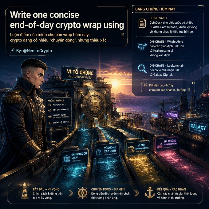 A Vietnamese-language crypto dashboard titled 'Bảng chỉ số hôm nay' with Bitcoin and whale alert sections, featuring the prompt 'Write one concise end-of-day crypto wrap using crypto đang có nhiều "chuyển động".'