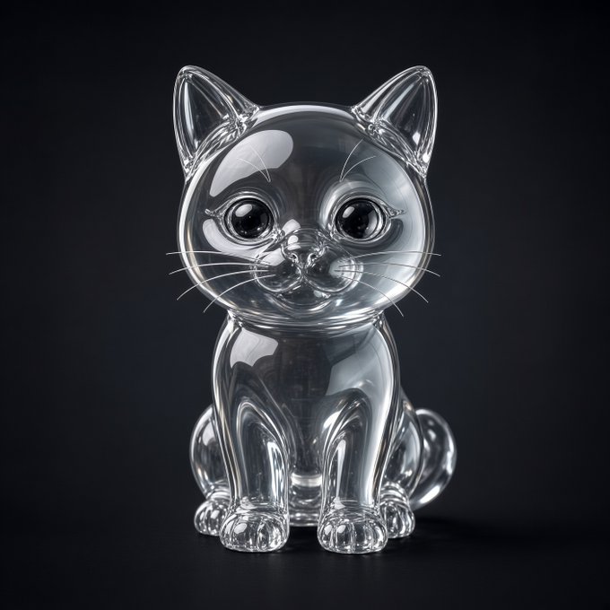 A clear glass cat figurine with large black eyes sits against a dark background, representing the $PONCAT meme token referenced in the post with its contract address 0x886d84051b933a34fa92692461615bede617f57a, embodying the author's bullish sentiment that the token is in its early stages before a permanent upward move.