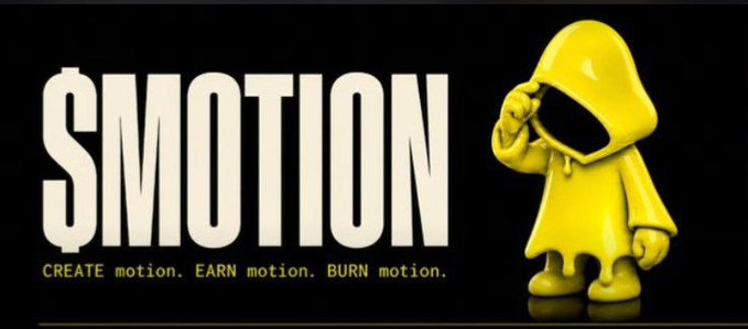 A black and yellow promotional banner for $MOTION featuring a hooded 3D character mascot and the tagline 'CREATE motion. EARN motion. BURN motion.'