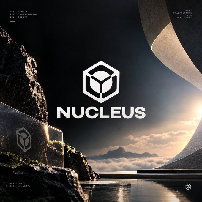 A cinematic promotional graphic for 'NUCLEUS' featuring a large hexagonal logo over a scenic landscape with rocks and water, including text such as 'REAL PEOPLE, REAL CONTRIBUTION, REAL IMPACT' and 'INFRASTRUCTURE FOR WHAT'S NEXT'.