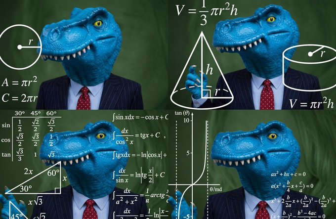 The image shows a four-panel meme featuring a blue T-Rex in a suit with math formulas overlaid, captioned as "$FEFER and chill," suggesting the $FEFER token's holders are casually chilling while skeptics struggle with complex calculations.