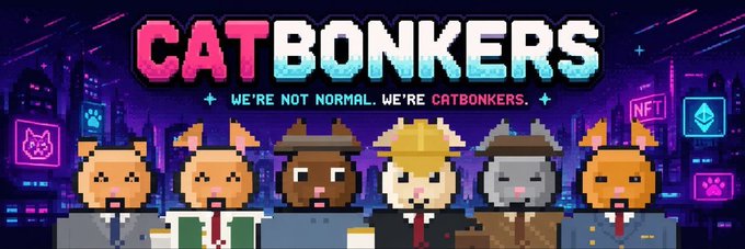 Pixel art promotional banner for 'CATBONKERS' with the tagline 'WE'RE NOT NORMAL, WE'RE CATBONKERS.', featuring five anthropomorphic cats in business attire alongside NFT and crypto-related icons.