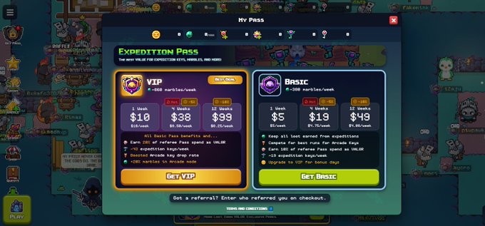 A 'My Pass' purchase screen from a mobile game showing 'EXPEDITION PASS' options: 'VIP' for $10/38/99 and 'BASIC' for $5/19/49, each offering in-game rewards like 'Boost Arcane key drop rate' and 'Keep all loot earned from expeditions'.