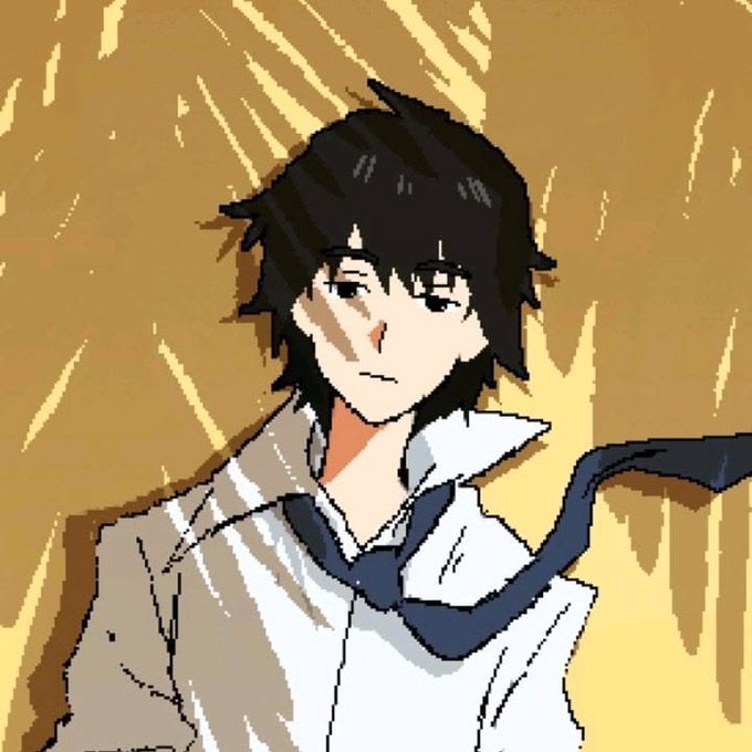 An anime-style illustration of a dark-haired young man wearing a white shirt with a loosened dark tie, set against a tan background with dynamic line accents.