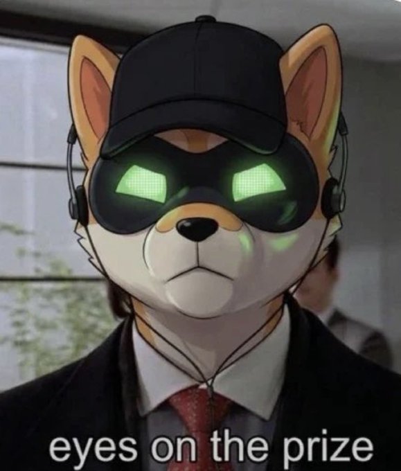 An animated Shiba Inu dog wearing a black cap and glowing green visor-style sunglasses with the caption 'eyes on the prize' displayed at the bottom.