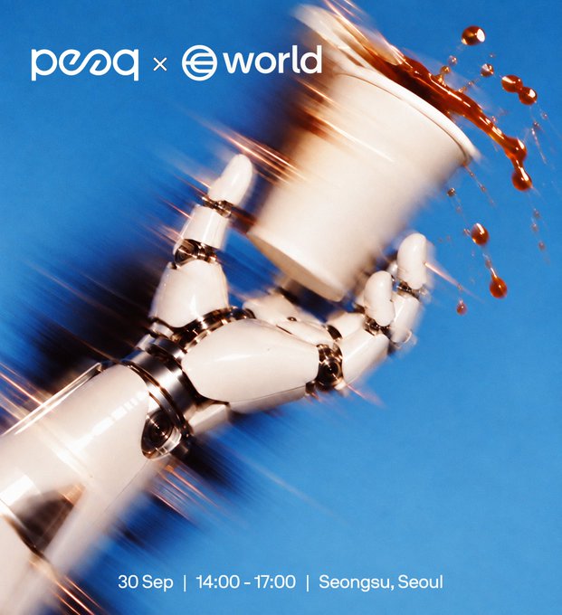 Promotional graphic for a 'pesq x world' event on 30 Sep, 14:00–17:00 in Seongsu, Seoul, featuring a dynamic image of a white and gold chess king piece with liquid splashing against a blue background.