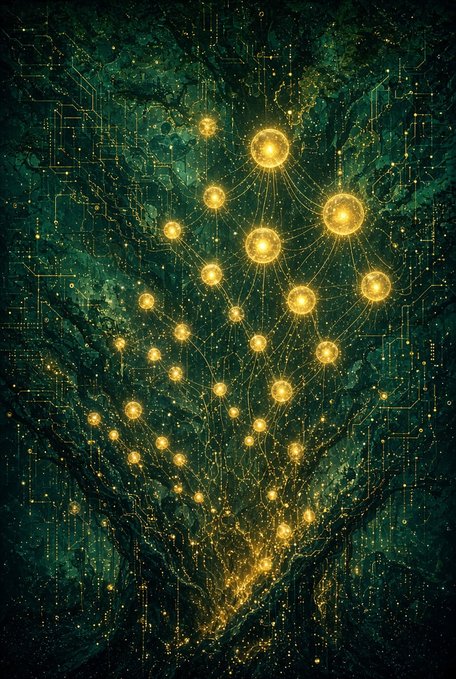 Abstract digital artwork depicting an intricate glowing golden neural network or constellation pattern overlaid on a dark teal-green cosmic background with circuitry-like elements.