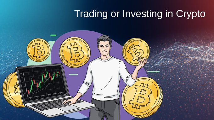 A cartoon illustration of a man holding a laptop displaying a trading chart, surrounded by Bitcoin coins under the text 'Trading or Investing in Crypto.'