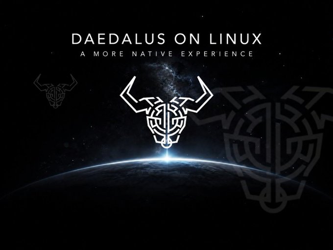 A dark, cosmic-themed promotional graphic featuring a stylized bull or stag head logo with the text "DAEDALUS ON LINUX — A MORE NATIVE EXPERIENCE" above an Earth-like planet, visually reinforcing the post's announcement of native Linux packaging for the Daedalus wallet to enable secure dapp connections through proper sandboxing.