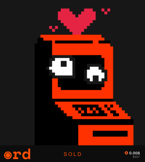 A pixel art image of a red robot-like character with a heart floating above its head on a dark background, marked as "SOLD" on ord for 0.008 ETH ($507).