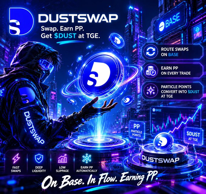 The image features a person holding a blue coin with a white circle on top, surrounded by various coins scattered around them. The background of the image is dark blue, with neon lights illuminating the scene. In the foreground, there are text elements that provide information about dustswap and its services.