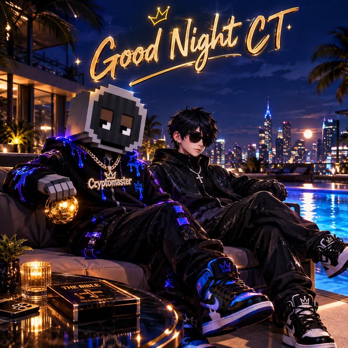 An illustration with 'Good Night CT' text featuring a pixel-art character and an anime-style character relaxing on a couch by a pool at night.