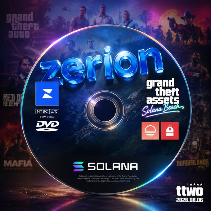 A graphic disc labeled 'zerion' advertising 'grand theft assets Solana Beach,' with branding for NTSC, U/C, TTWO 2026, DVD, and SOLANA.
