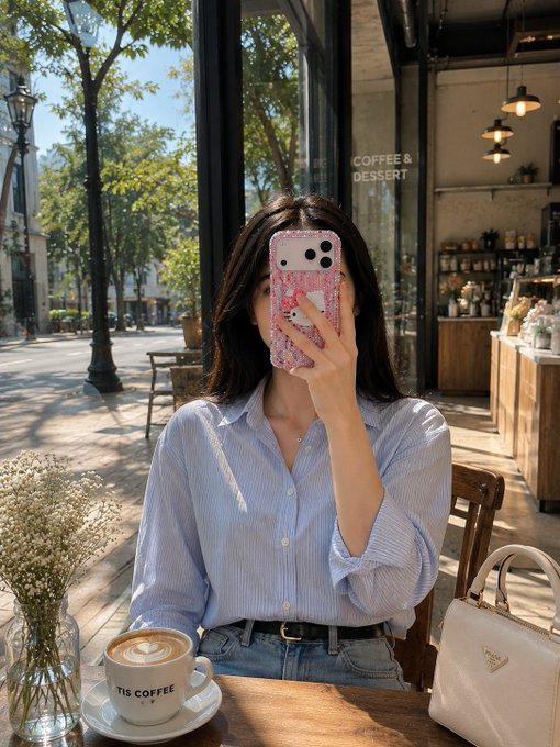 A woman sits at a "This Coffee" café table with a latte, holding up a pink phone case to take a mirror selfie, embodying the morning grind and intentional mindset needed to chase ambitious weekly goals.