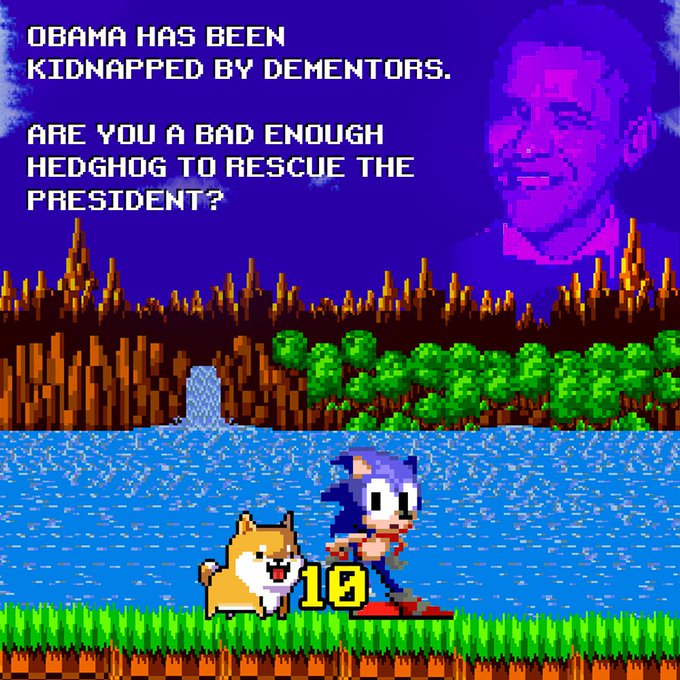 A pixel art image parodying a Sonic the Hedgehog video game, featuring Sonic and a doge meme on a beach with text reading "OBAMA HAS BEEN KIDNAPPED BY DEMENTORS. ARE YOU A BAD ENOUGH HEDGEHOG TO RESCUE THE PRESIDENT?" and a purple-tinted portrait of Obama in the sky.