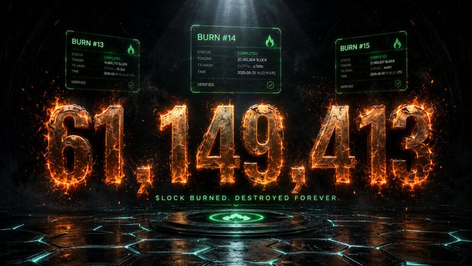 A fiery graphic displays the number '61,149,413' with the text 'SLOCK BURNED. DESTROYED FOREVER.' below it, along with three 'BURN' status cards (#13, #14, and #15) at the top.