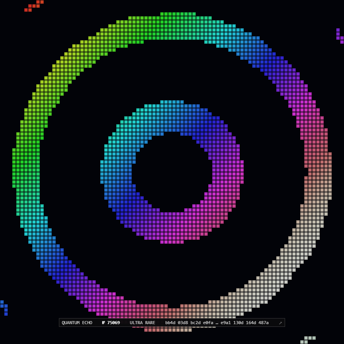 An audio spectrum visualizer displays concentric rings of colorful blocks on a black background, labeled 'QUANTUM ECHO' with 'ULTRA RARE' and various technical values.