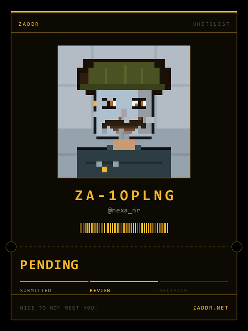 A pixel art character with a green helmet and mustache on a digital card labeled 'ZADDR' with the ID 'ZA-10PLNG' and '@nexa_nr', showing a 'PENDING' status at zaddr.net.