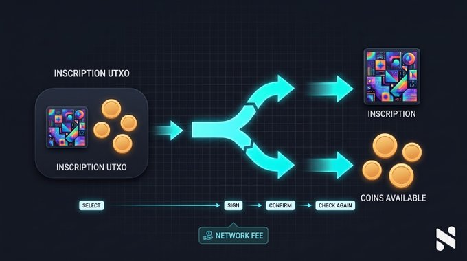 A digital infographic explaining a cryptocurrency transaction, showing an 'INSCRIPTION UTXO' splitting into 'INSCRIPTION' and 'COINS AVAILABLE', with a workflow of SELECT, SIGN, CONFIRM, and CHECK AGAIN, plus a NETWORK FEE.