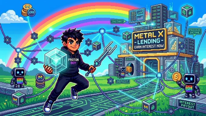 A cartoon character wearing a "PROTON BOY" shirt runs across a circuit-patterned path holding a glowing blue cube and trident, set against a rainbow backdrop with robotic figures and a building labeled "METAL X - LENDING - EARN INTEREST NOW" alongside tags reading "INSTANT," "PASSIVE INCOME," "DEPOSIT," and "INTEREST PAYOUT." The vibrant illustration visually promotes the post's message of using Metal X Lending on the XPR Network to earn interest on crypto with no gas fees and instant transactions.