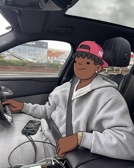 A young man wearing a pink NY Yankees cap and gray hoodie sits behind the wheel of a car, with a phone connected by a charging cable in the center console and a gold watch on his wrist. The image aligns with the post's message of early morning hustle and silent hard work, capturing a focused moment on the road during a "late gm."
