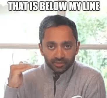 A meme featuring a man in a grey sweater with his hand raised flat, captioned "THAT IS BELOW MY LINE" in bold white text.