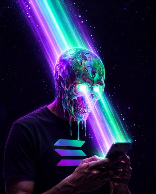 A surreal digital artwork of a person wearing a glowing, dripping skull mask in vibrant purple and teal colors, holding a smartphone that emits colorful neon light beams against a starry background, wearing a shirt with the Solana logo.