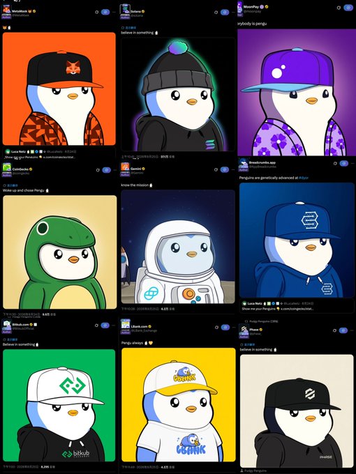 Twitter/X feed displaying multiple posts featuring Pudgy Penguins NFT characters wearing various hats and outfits from collections like Binamon and Web3 Studios.