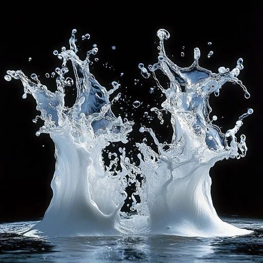 The image shows two water droplets, one larger than the other, splashing against a black background. The larger droplet appears to be spraying out from the top left corner of the frame while the smaller droplet is located towards the bottom right corner. This composition creates an interesting visual effect with contrasting colors and shapes.