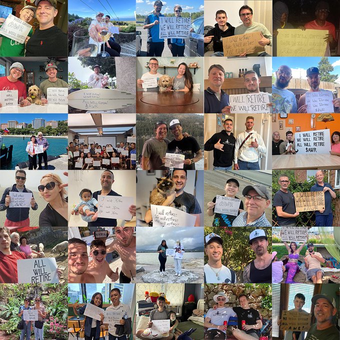 A collage of multiple photos showing people, couples, and groups holding signs that read 'I will retire' or 'We will retire,' depicting a community announcing their retirements in various settings like beaches, kitchens, and outdoors.