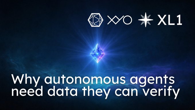 The image shows a blue background with a white text overlay that reads "Why Autonomous Agents Need Data They Can Verify". The image also features an illustration of a blue diamond-shaped object, which appears to be a gemstone or crystal. The text and illustration are placed in a square format against the blue background.