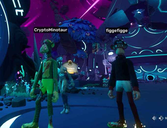 A scene from a 3D video game featuring two avatar characters labeled 'CryptoMinotaur' and 'figgefigge' standing in a neon-lit futuristic environment with glowing blue trees.