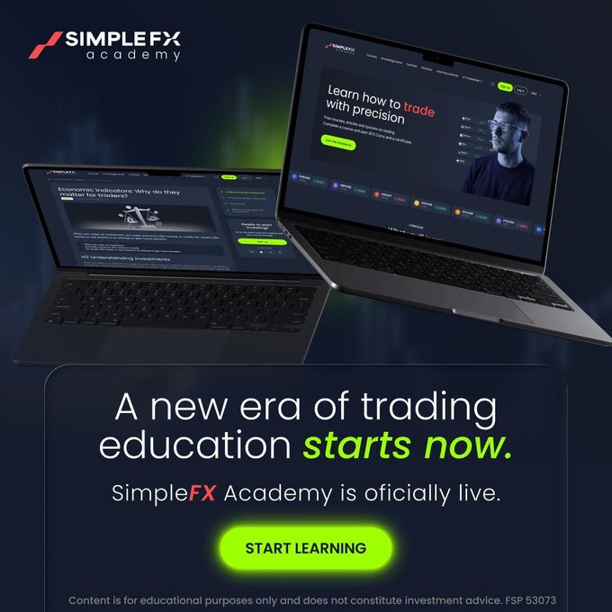 An advertisement for SimpleFX Academy promotes trading education with laptops displaying their website and a "START LEARNING" call-to-action, noting content is educational and not investment advice.