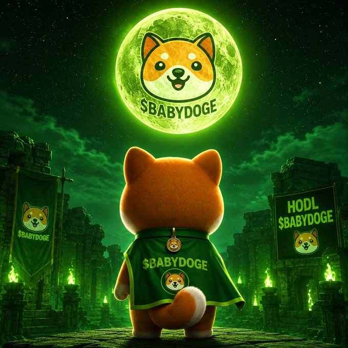 A digital illustration of a Shiba Inu dog wearing a green '$BABYDOGE' cape, looking at a glowing green moon featuring the same dog logo, set in a dark fortress environment with 'HODL $BABYDOGE' banners.