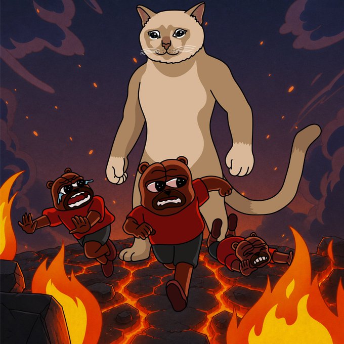 A large, menacing tan cat towers over three terrified bears in red shirts as they flee across a fiery, lava-cracked landscape. The cartoon illustration humorously depicts the $CASHCAT token crushing bearish challengers, with cowering bears representing sellers overwhelmed by the feline's dominance in the meme contest.