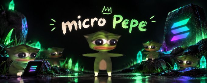 Promotional banner for "micro Pepe" featuring a small green frog-like character with glasses, surrounded by crystal formations and the Solana logo.