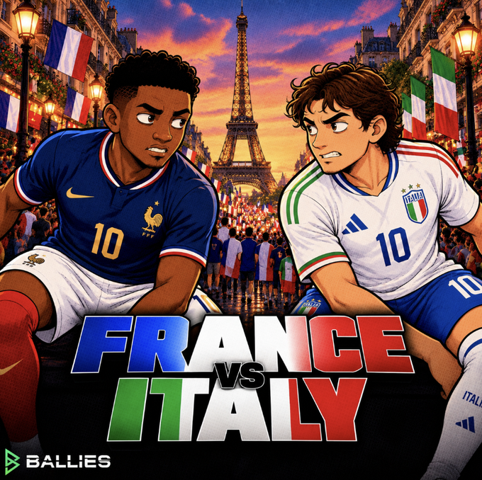 An anime-style promotional graphic titled 'FRANCE vs ITALY' by 'BALLIES', depicting a French player in a blue #10 jersey facing off against an Italian player in a white #10 jersey with the Eiffel Tower in the background.