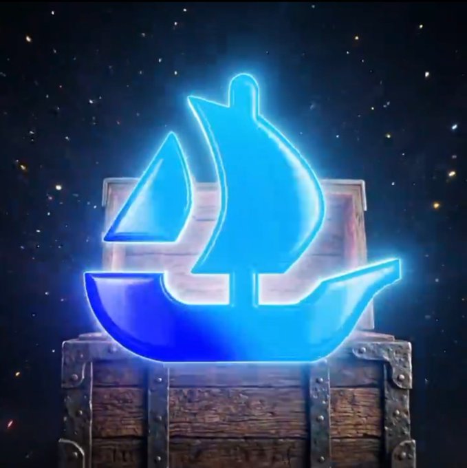 A glowing neon blue sailboat logo appears in front of a wooden treasure chest set against a starry night sky background.