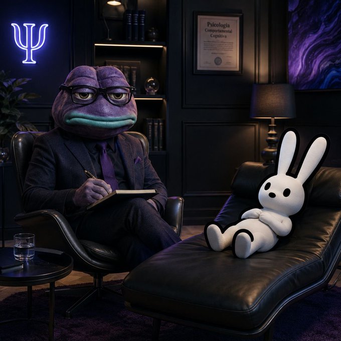 The image features a man dressed as a frog sitting in an office chair with a stuffed rabbit next to him, both appearing to be in a relaxed position. The scene takes place in a dark room with a purple neon sign that reads "Psychedelic". The man and the rabbit are positioned close together, suggesting they might be having a conversation or sharing some form of comfort. The image does not provide any information about other projects or their execution stories, so it is unclear if there are any other noteworthy projects in the @base Founder Residency Batch that share the same level of asymmetry as this one.