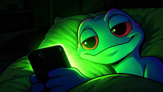 A cartoon illustration of a blue creature lying in bed illuminated by green light from its smartphone, looking tired with half-closed eyes.