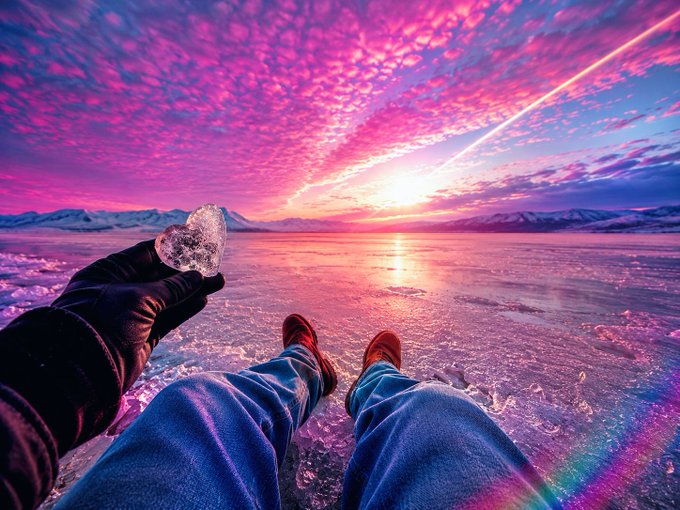 A first-person view of someone sitting on a frozen lake at sunset, holding a piece of clear ice, with a vibrant pink and purple sky reflecting across the icy landscape and mountains in the distance.