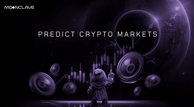 A promotional banner for Moonclave featuring the text "PREDICT CRYPTO MARKETS" with an astronaut figure, rising bar charts, and floating coins against a purple cosmic background.