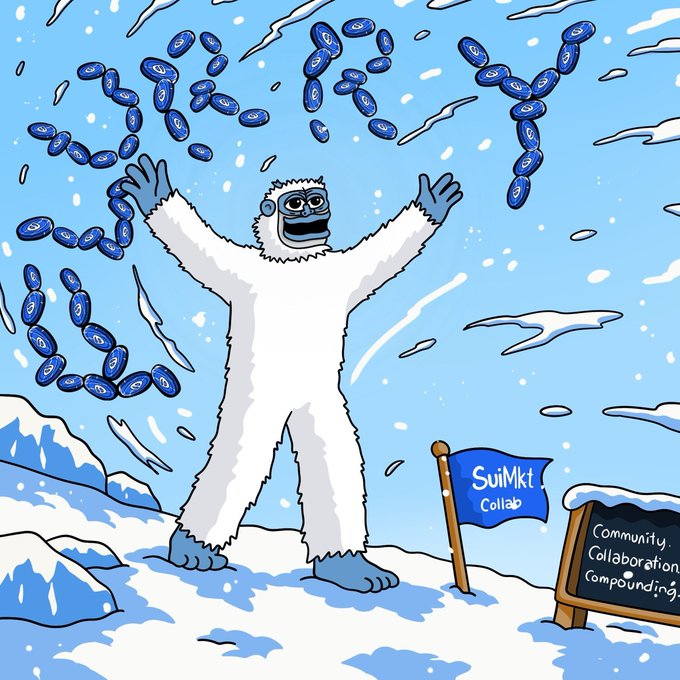 A cheerful yeti stands triumphantly in a snowy landscape with arms raised, spelling out "COINBASE" in blue coin-like letters above its head. A flag reads "SuiMkt Collab" and a chalkboard displays "Community, Collaboration, Compounding," tying together the post's message about staking $SUI on Coinbase.