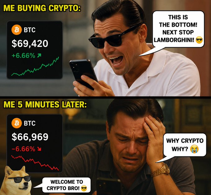 A two-panel meme showing a man excitedly buying Bitcoin (BTC) at $69,420 with thoughts of a Lamborghini, then five minutes later crying as it drops to $66,969, with a Doge character saying 'Welcome to crypto bro!'