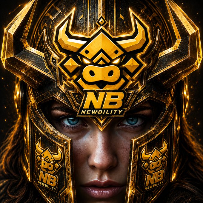 A dramatic digital artwork of a woman's face wearing an ornate golden helmet, with a central emblem featuring an infinity symbol and the letters 'NB' above the word 'NEWBILITY'.